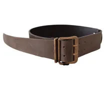 Women's Brown Leather Wide Bronze Buckle Waist Belt