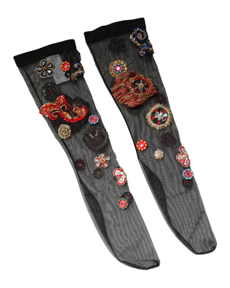 Dolce & Gabbana Women Black Stretch Carretto Crystal Stockings Socks Nylon Clothing Black
