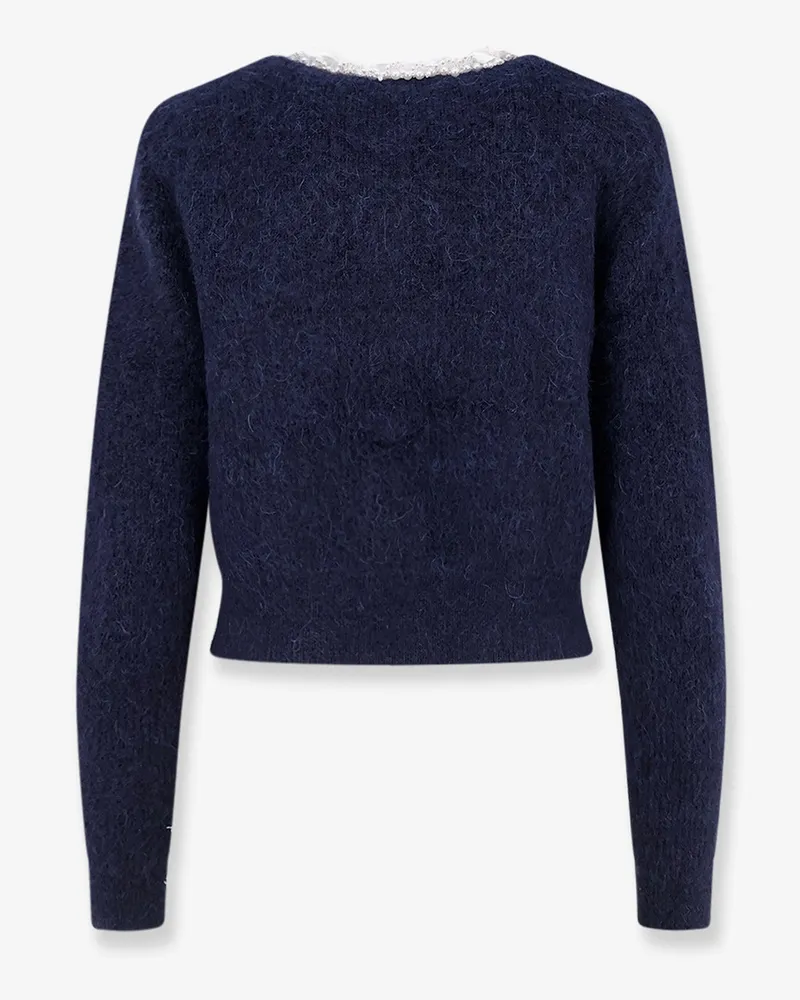 Self-Portrait Women's Knit Cardigan With Flower Pearl Buttons Blue Polyester Sweater Navy