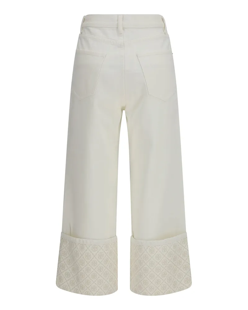 Tory Burch Women's T Monogram Contrast Cuff Straight-Leg Jeans White Cotton White