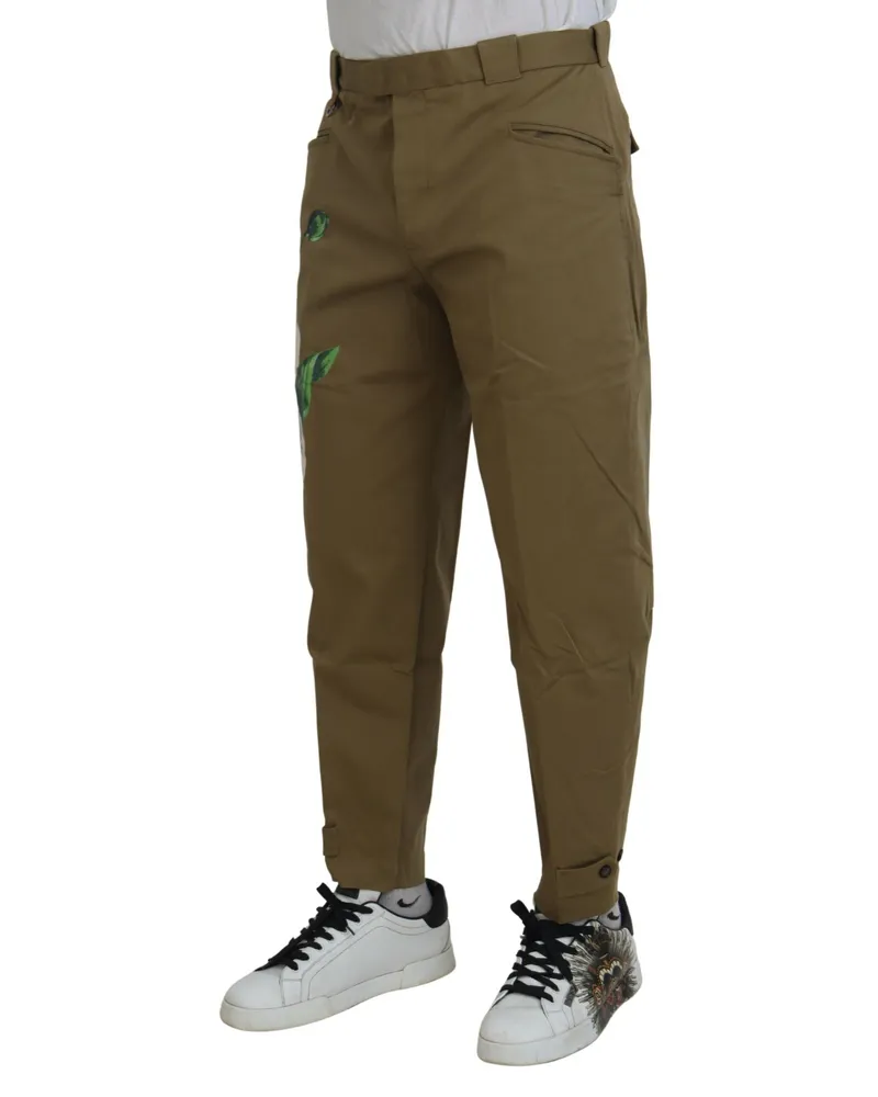 Dolce & Gabbana Men Beige Cotton Stretch Floral Chinos Pants Beige