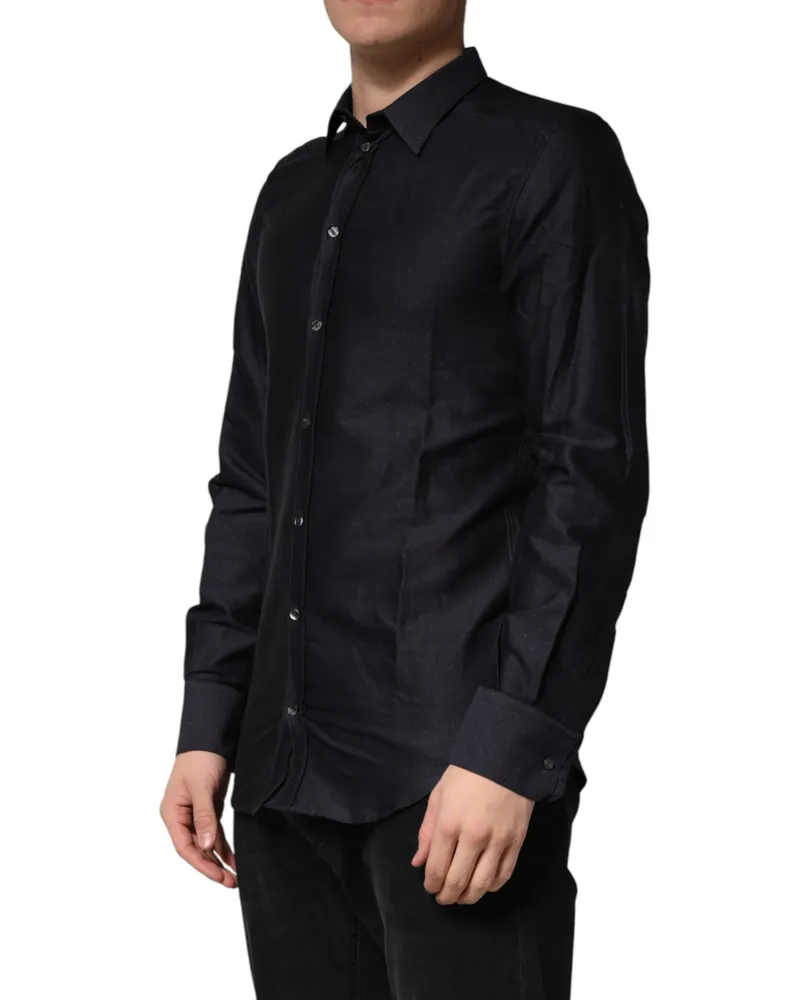 Dolce & Gabbana Men Black Dotted Cotton Collared Gold Dress Shirt Black