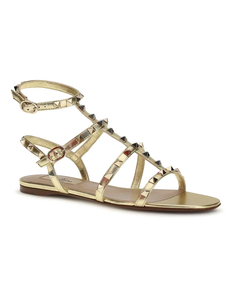 Valentino Garavani Women's Rockstud Flat Sandals Laminated Leather Antique Brass Light Gold