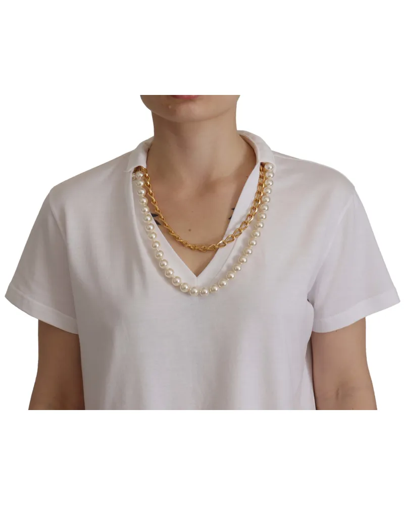 Dolce & Gabbana Women White Necklace Embellished Neckline T-Shirt Top Cotton White