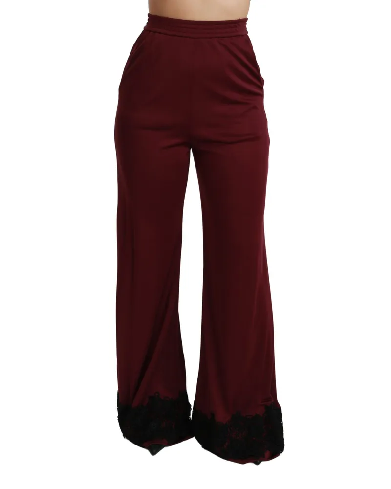 Dolce & Gabbana Women Black Lace High Waist Wide Leg Maroon Pants Bordeaux Viscose Polyester Stretch Burgundy