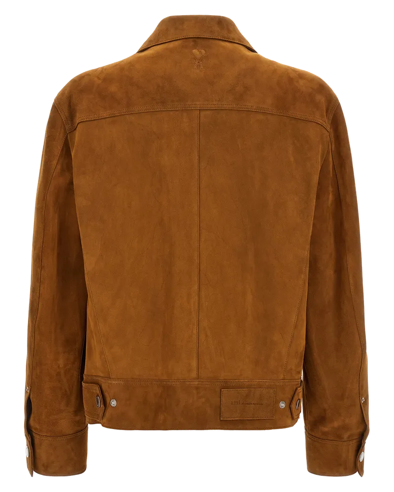 AMI Paris Goatskin Leather Trucker Jacket — Brown Brown