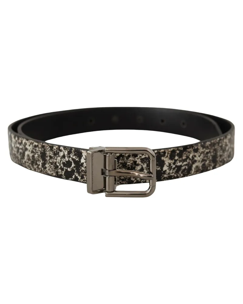 Dolce & Gabbana Men's Black Marble Print Leather Silver Logo Buckle Belt Black