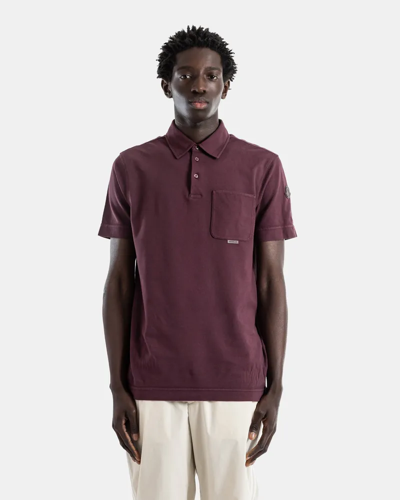 Moncler Men's Washed Bordeaux Piqué Cotton Polo With Metal Logo Chest Pocket Red T-Shirts And Polos Burgundy
