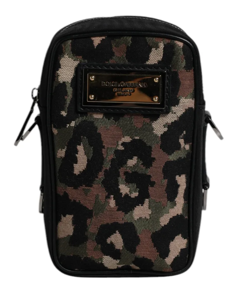 Dolce & Gabbana Men's Multicolor Leopard Jacquard Logo Plaque Neck Strap Bag Multicolor