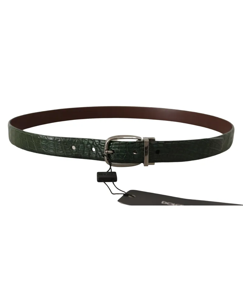 Dolce & Gabbana Men's Green Exotic Leather Silver Buckle Belt Green