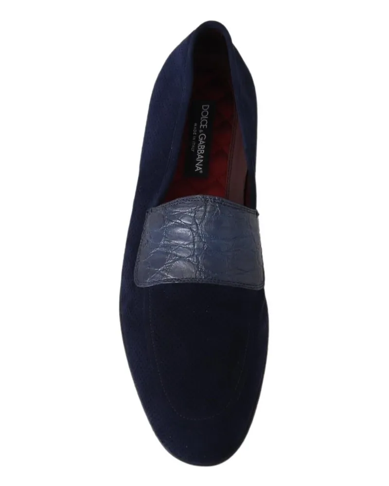 Dolce & Gabbana Men's Blue Suede Caiman Loafers Slippers Shoes Perforated Goat Blue