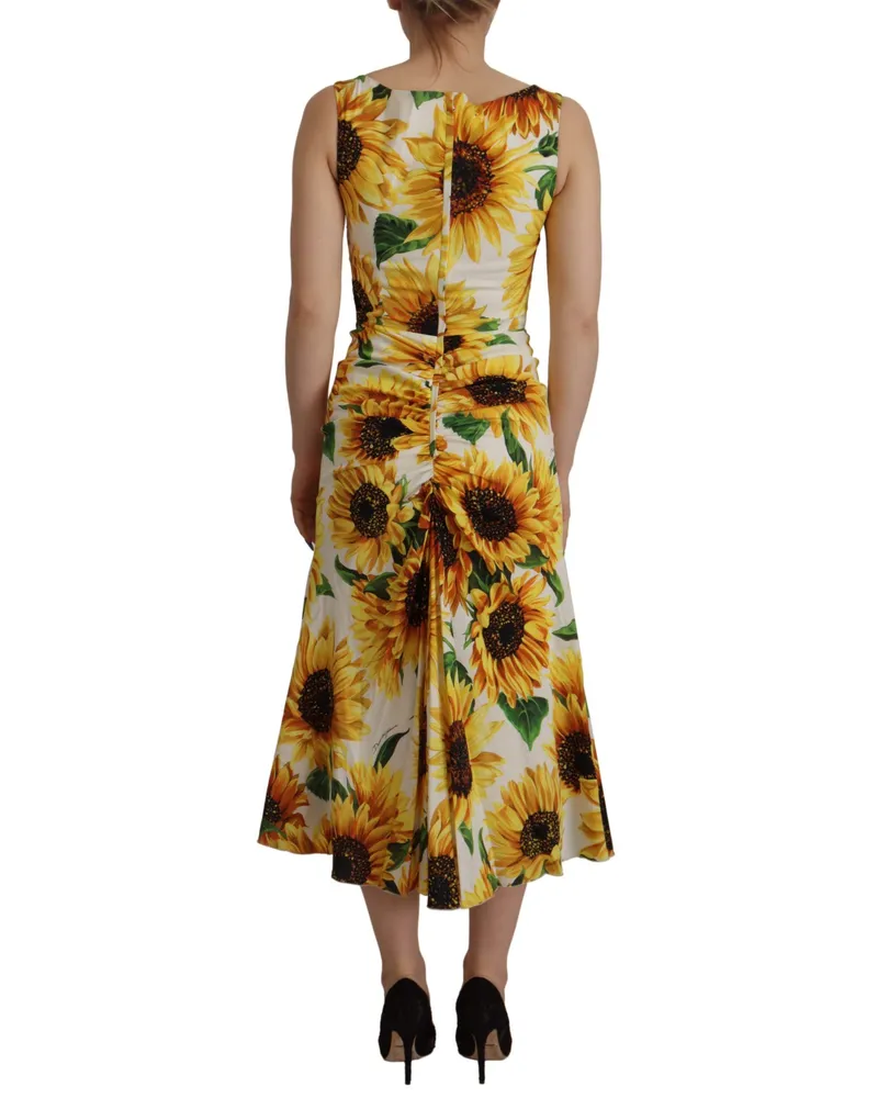 Dolce & Gabbana Women's White Sunflower Print Sheath Midi Silk Clothing White