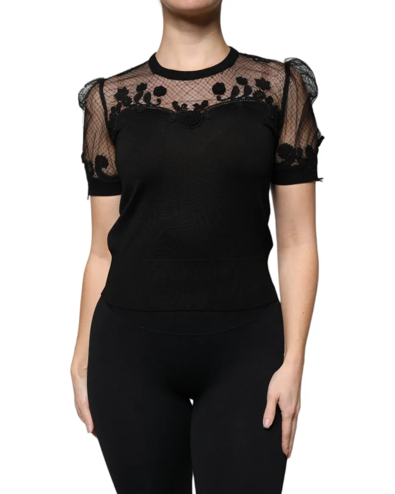 Dolce & Gabbana Floral Lace Short Sleeve Blouse — Black Black
