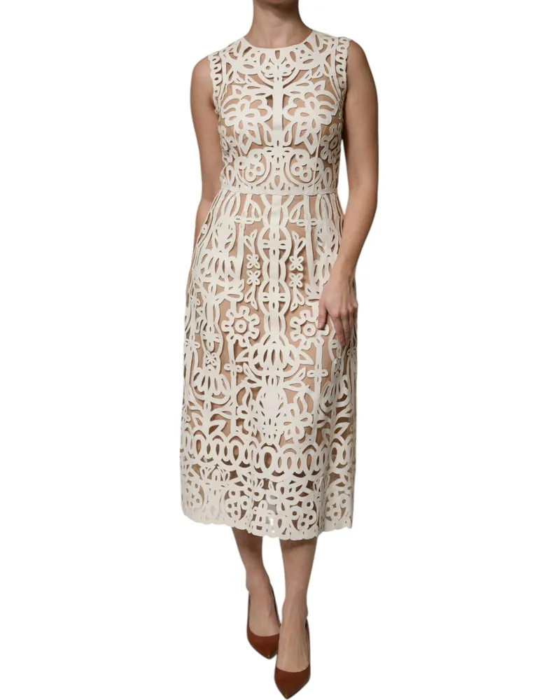 Dolce & Gabbana Women White Cut Out Leather Sleeveless Midi Dress Lamb Polyester White