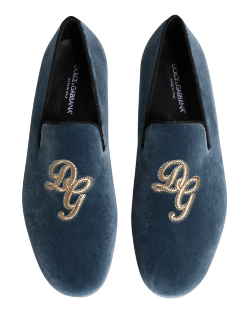 Dolce & Gabbana Men's Blue Velvet Dg Logo Loafers Formal Shoes Leather Blue