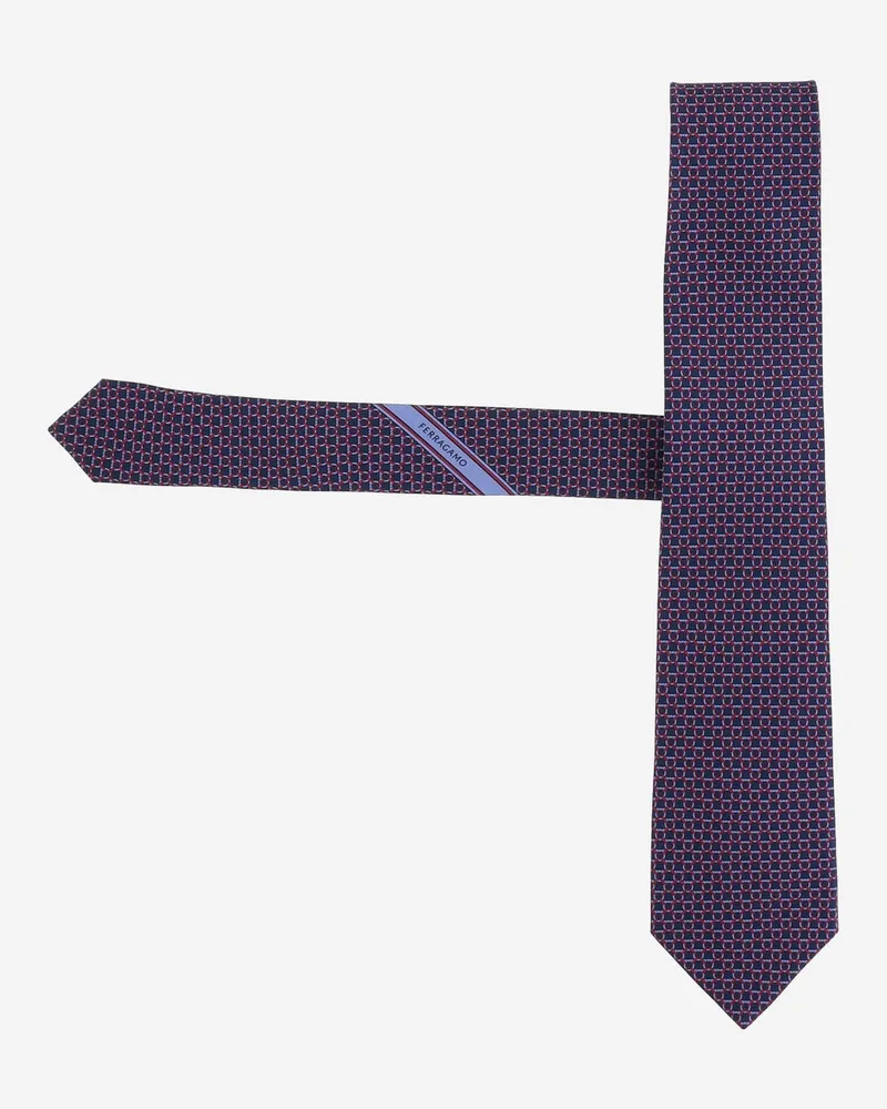 Ferragamo Men's Tie, Patterned Silk Multicolour Ties & Bow Navy