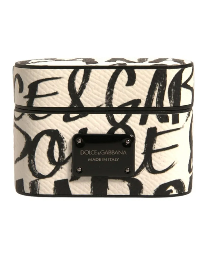 Dolce & Gabbana Unisex Black White Leather Scribble Embossed Logo Airpods Case Black-White Accessory Black/white White