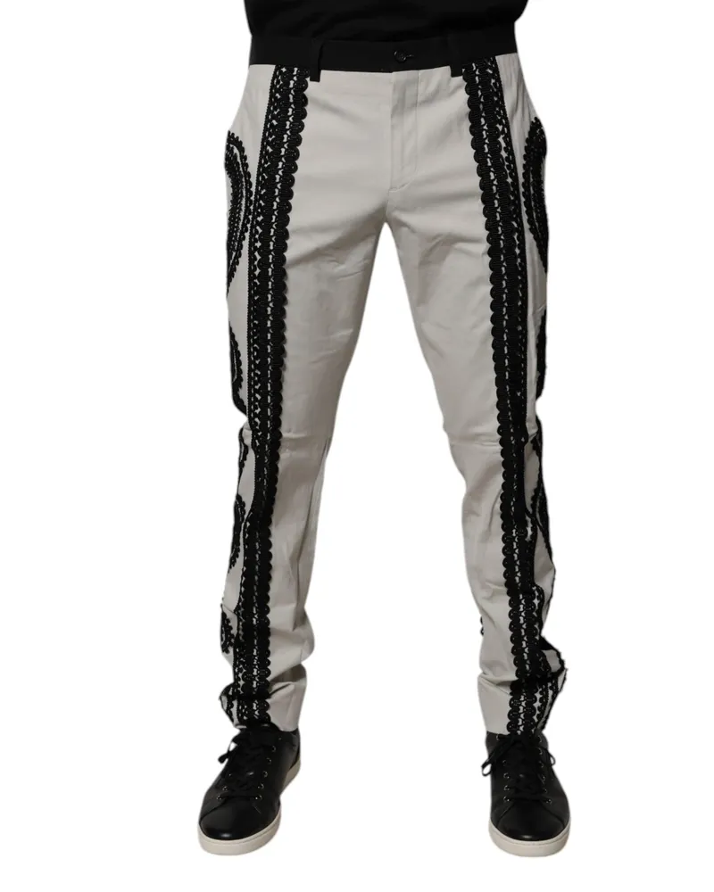 Dolce & Gabbana Men's White Lace Trim Mid Waist Dress Formal Pants Black-White Cotton Elastane Black/white White
