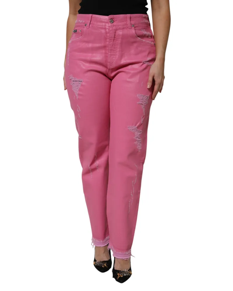 Dolce & Gabbana Women's Pink Tattered Mid Waist Tapered Denim Jeans Cotton Elastane Clothing Pink
