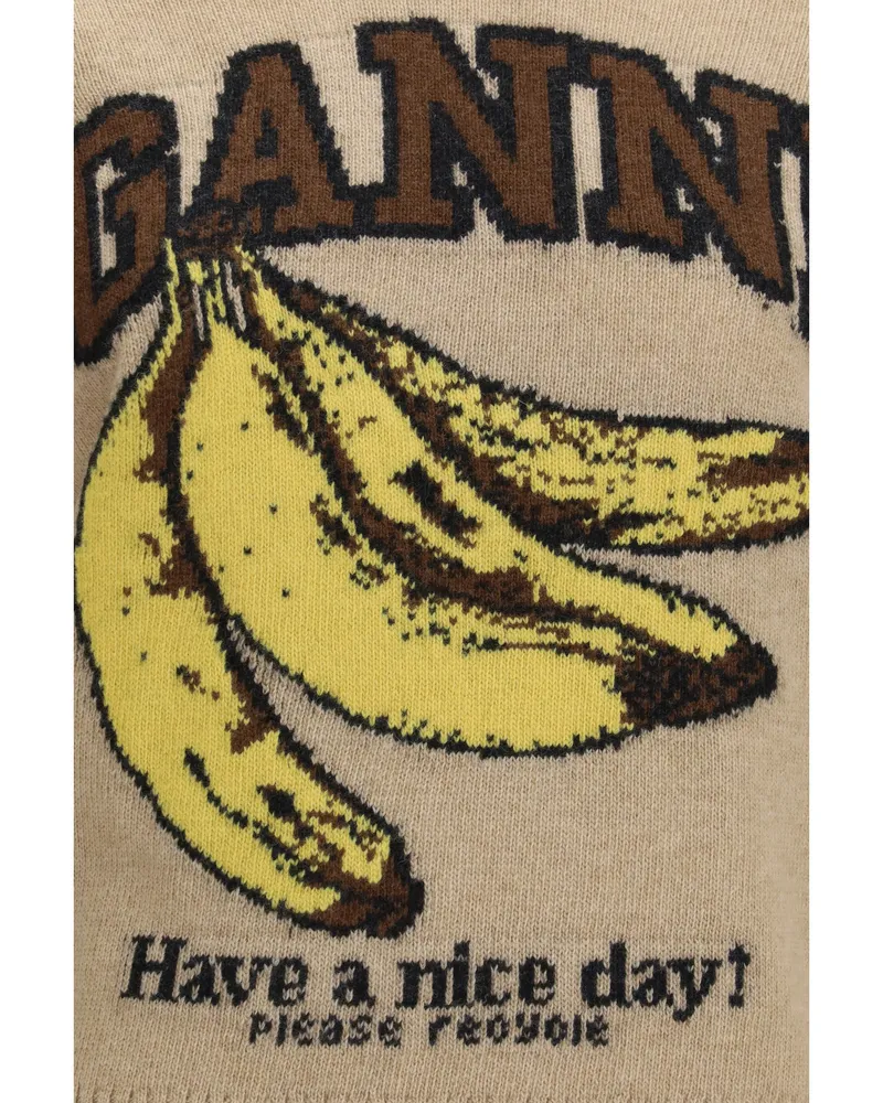 Ganni Logo-Graphic Wool Knit Sweater — Beige Beige