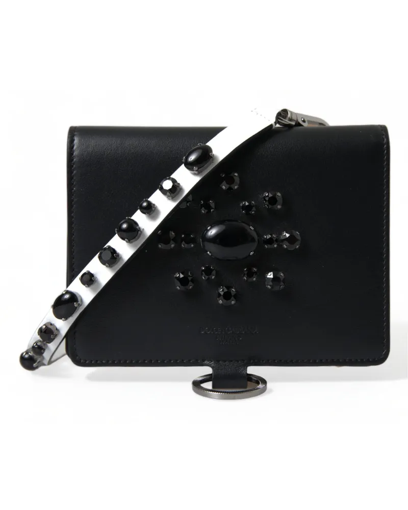 Dolce & Gabbana Women's Black Leather Crystal Embellished Card Holder Wallet Black