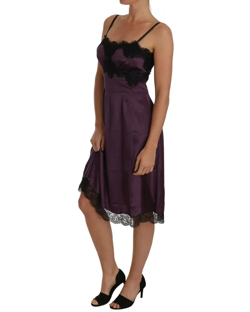 Dolce & Gabbana Women Purple Silk Stretch Black Lace A-Line Dress Elastane Purple