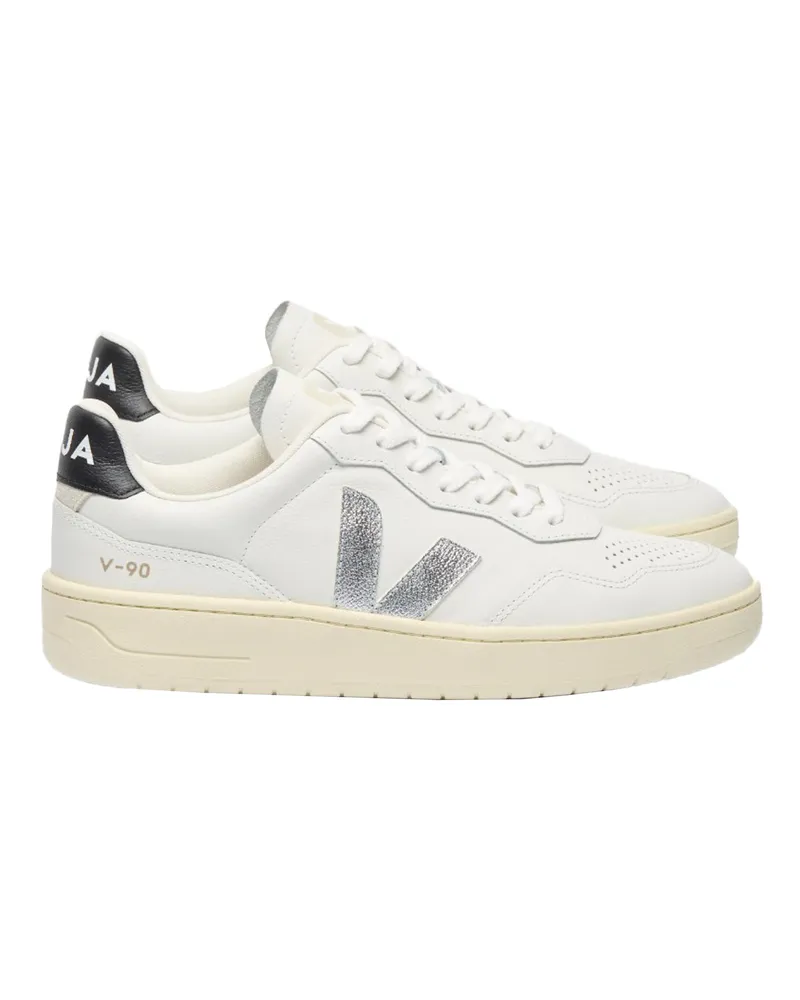 VEJA Women's Sneakers V-90 White-Silver-Black Leather Trainers White/silver/black White