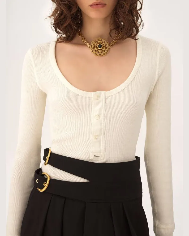 Chloé Logo-Embroidered Henley Top — Cream Cream