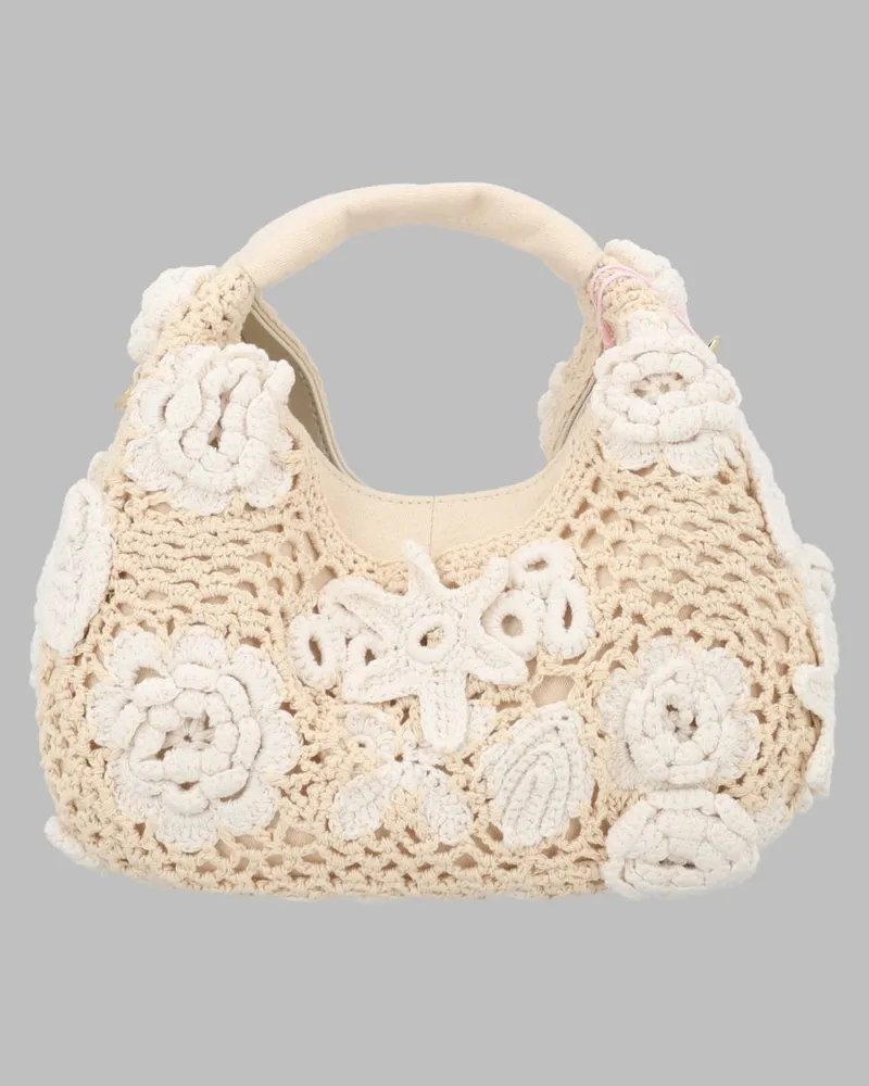 Ganni Women's Hobo Bag Mini Crochet Beige Organic Cotton Handbags Hand Beige