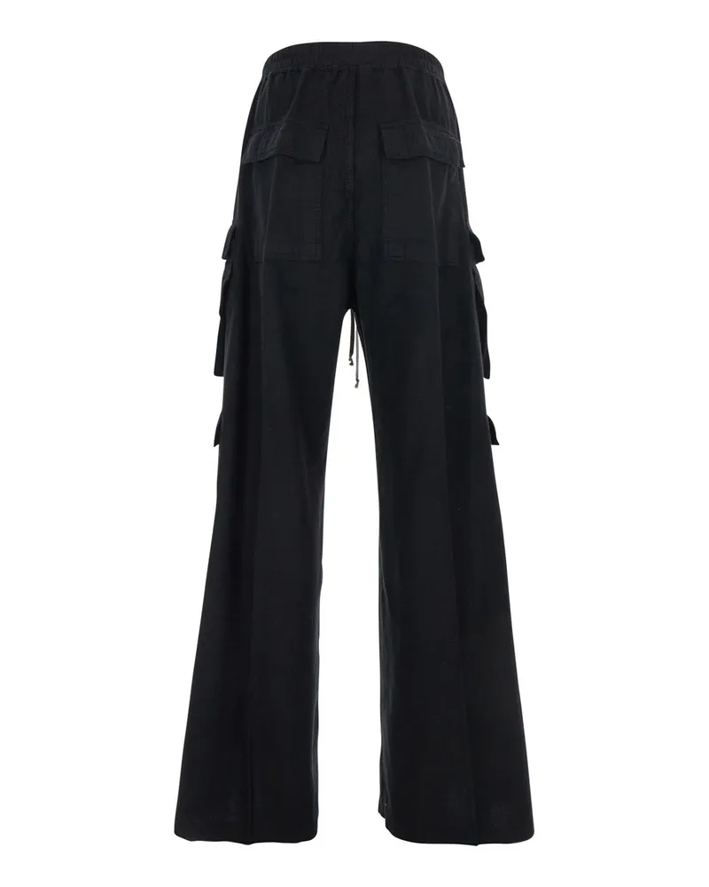 Rick Owens Men Black Cargo Pants With Drawstring Waist Cotton Trousers Black
