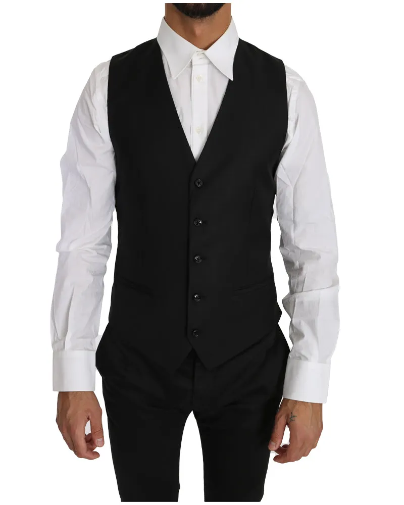 Dolce & Gabbana Men Black Solid Wool Silk Waistcoat Vest Clothing Black
