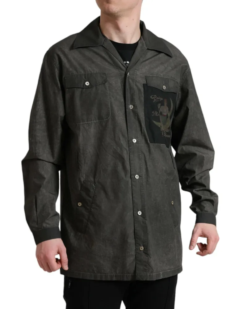 Dolce & Gabbana Men's Dark Gray Cotton Collared Long Sleeves Shirt Gray