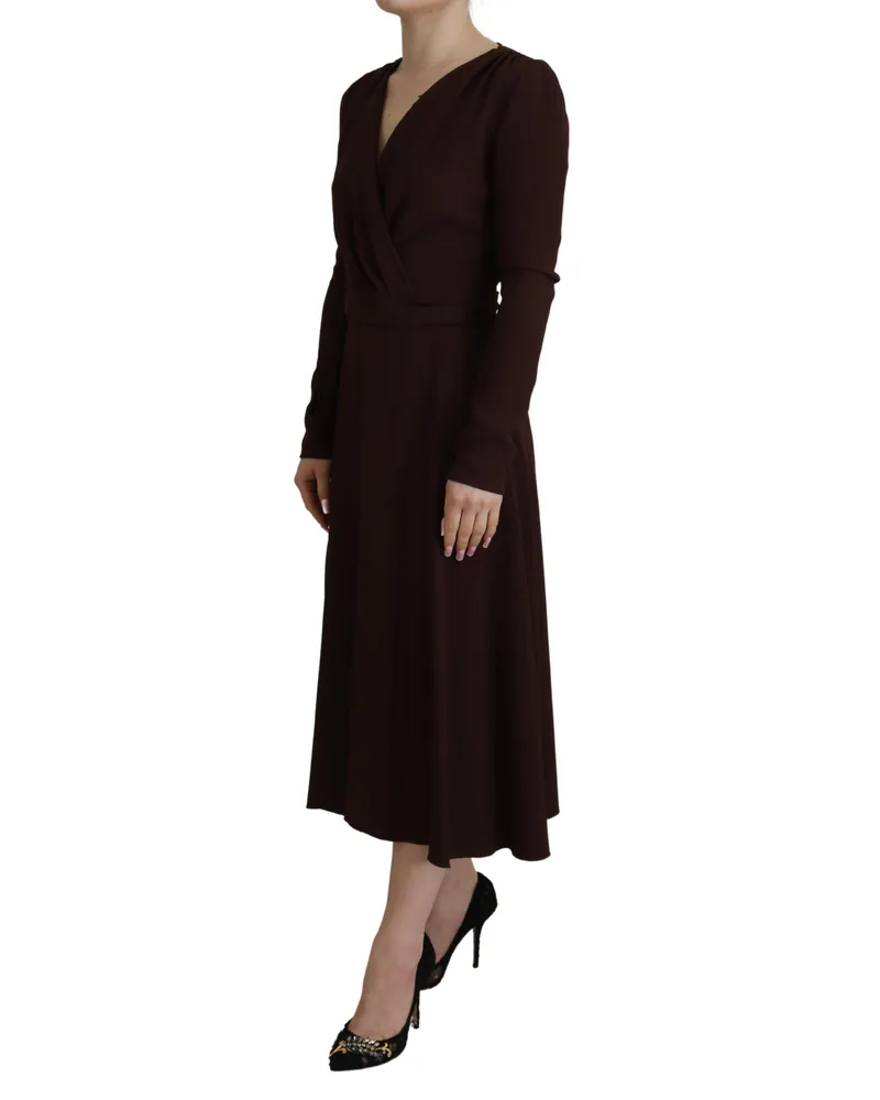 Dolce & Gabbana Women's Brown Wrap Long Sleeve Midi Stretch Dress Viscose Brown