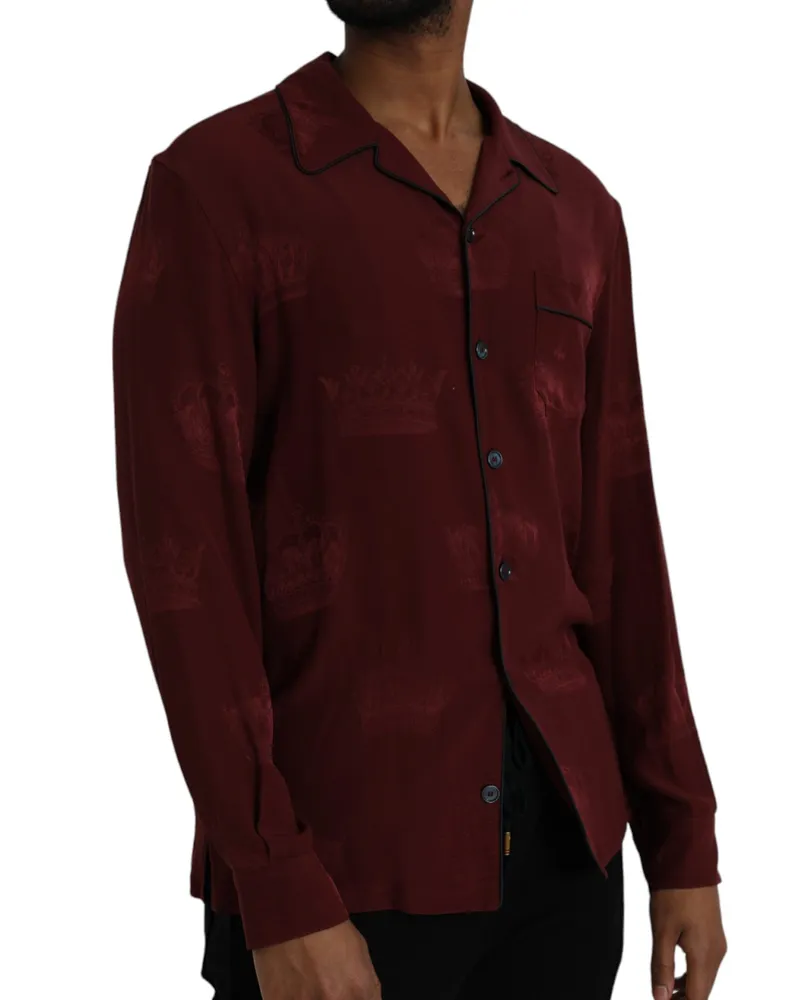 Dolce & Gabbana Men's Maroon Crown Jacquard Silk Long Sleeve Shirt Maroon