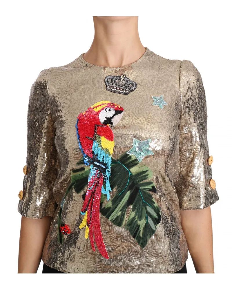 Dolce & Gabbana Women's Gold Sequined Parrot Crystal Blouse Elastane Gold