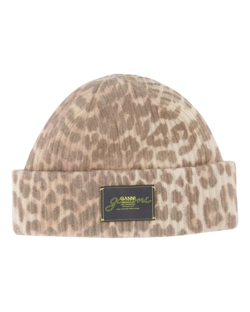 Ganni Women's Graphic Leopard Beanie -  Wool Printed Brown Accessories Hats Brown