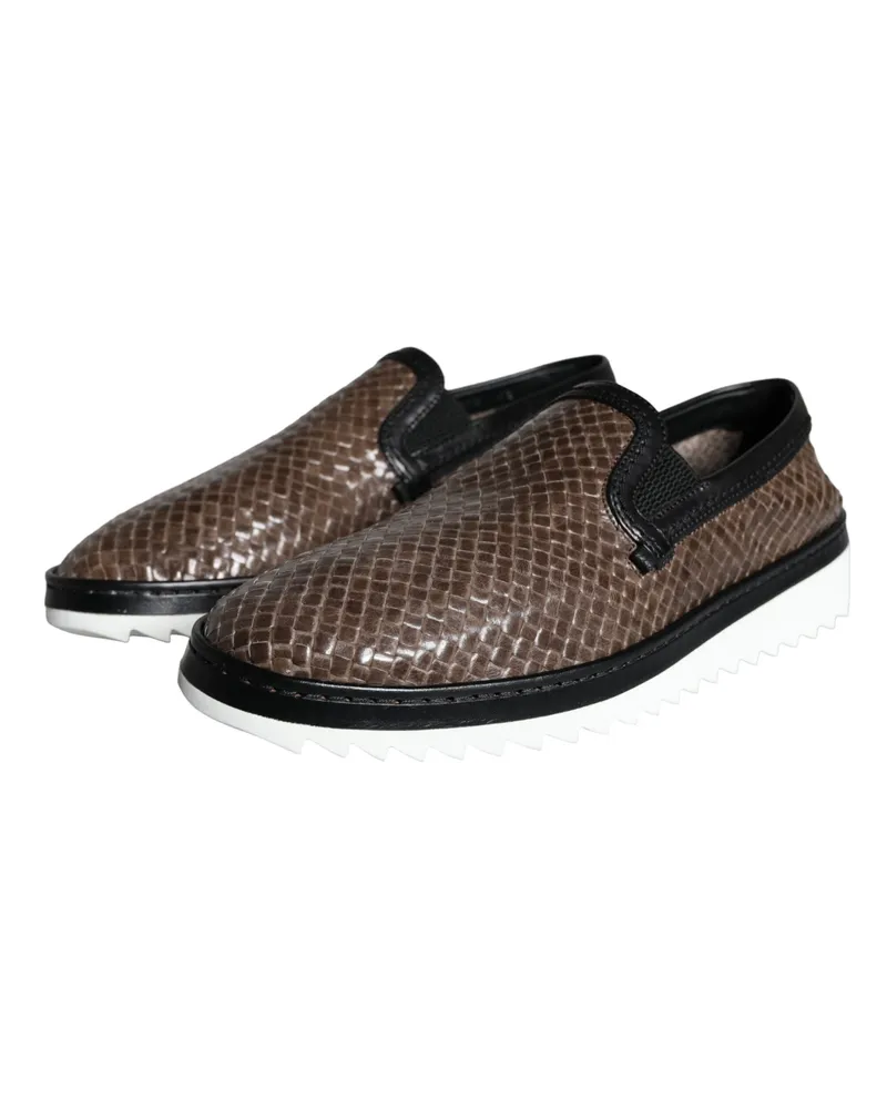 Dolce & Gabbana Brown Black Leather Weaved Men Loafers Shoes And Buffalo Calf Brown