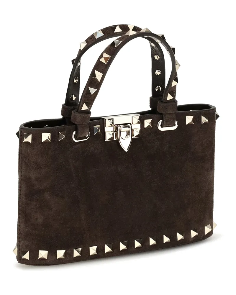 Valentino Garavani Women's Suede Rockstud Mini Handbag Ebony Brown Calf Leather Bos Taurus Handbags Hand Bags Brown