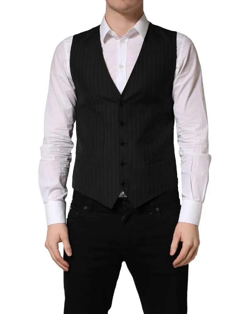 Dolce & Gabbana Men's Black Stripe Single Breasted Waistcoat Vest Virgin Wool Silk Clothing Black