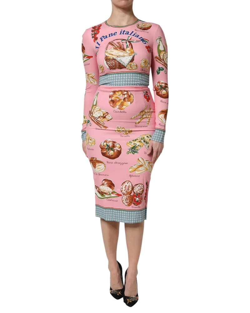 Dolce & Gabbana Women's Pink Pastry Print Bodycon Sheath Midi Dress Silk Elastane Pink