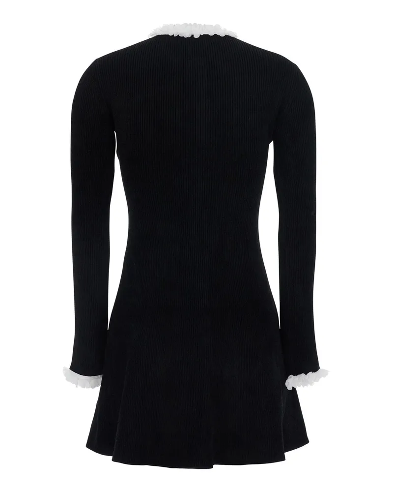 Self-Portrait Floral-Trimmed Ribbed Viscose Mini Dress — Black Black