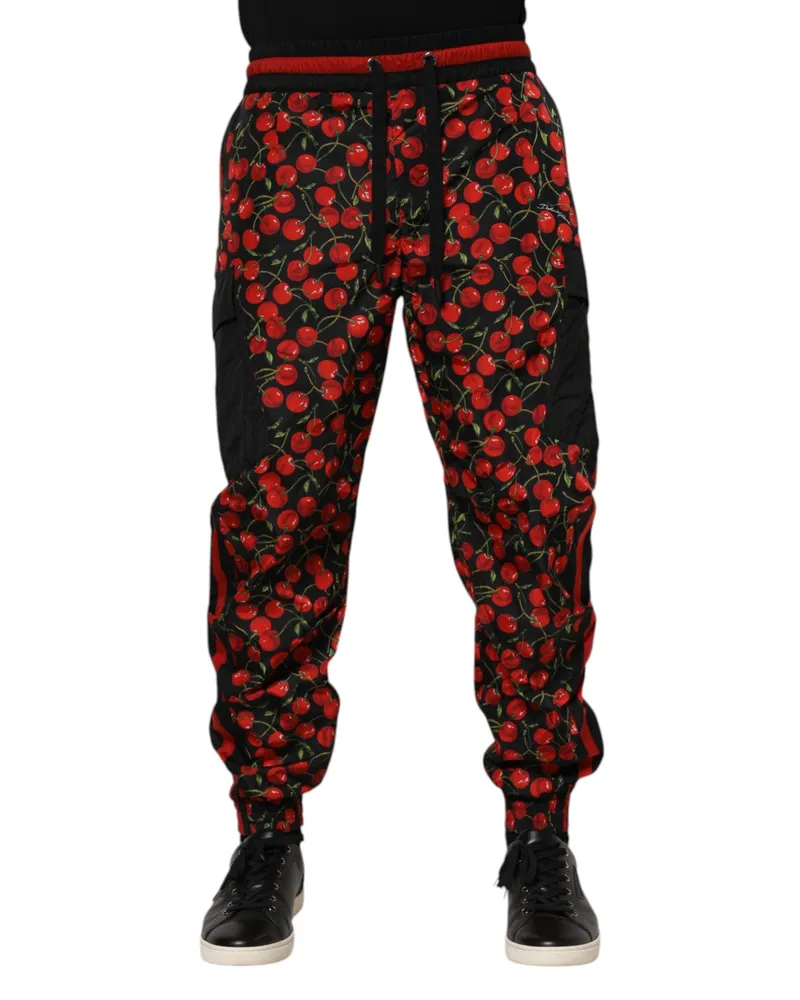 Dolce & Gabbana Black Red Cherry Print Men Sweatpants Pants And Nylon Black