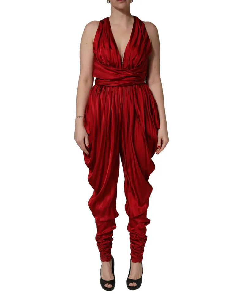 Dolce & Gabbana Women Red Plunging Halterneck Draped Jumpsuit Dress Viscose Red