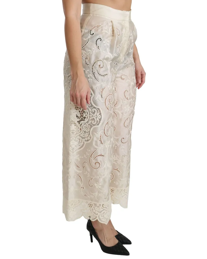 Dolce & Gabbana Women's Cream Lace High Waist Palazzo Cropped Pants Silk Cotton Polyester Cream
