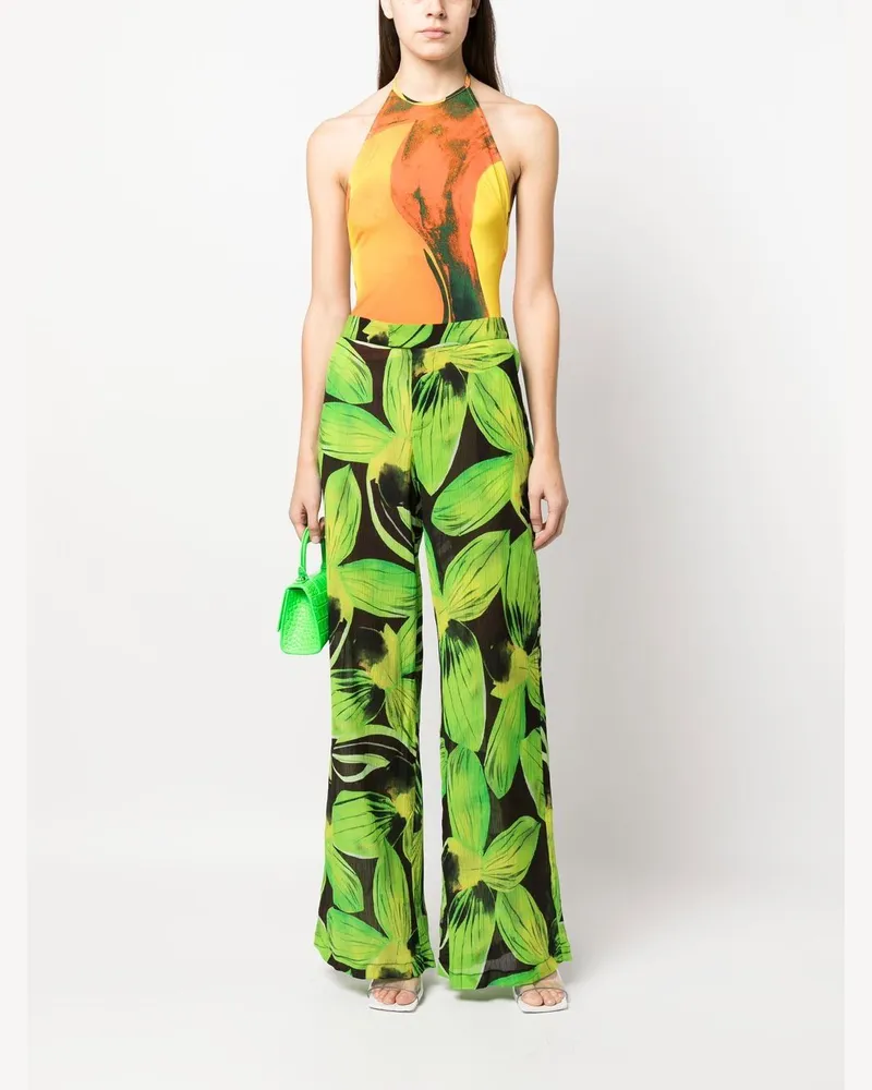 Louisa Ballou Leaves-Print Wide-Leg Trousers — Green Green