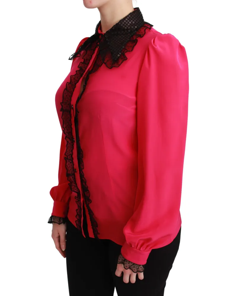 Dolce & Gabbana Women Pink Silk Black Sequin Lace Shirt Blouse Pink