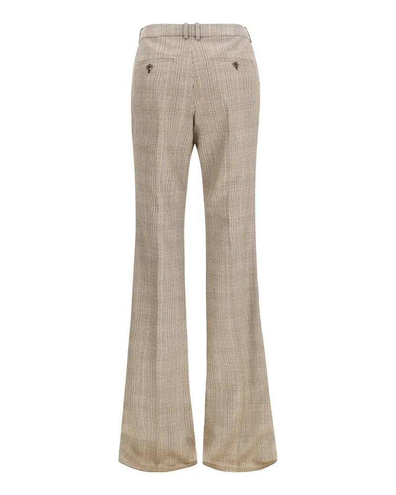 Saint Laurent Women's Prince Of Wales Houndstooth Wool Flared Pants Beige Marron Marine Fleece Ovis Aries Trousers Beige