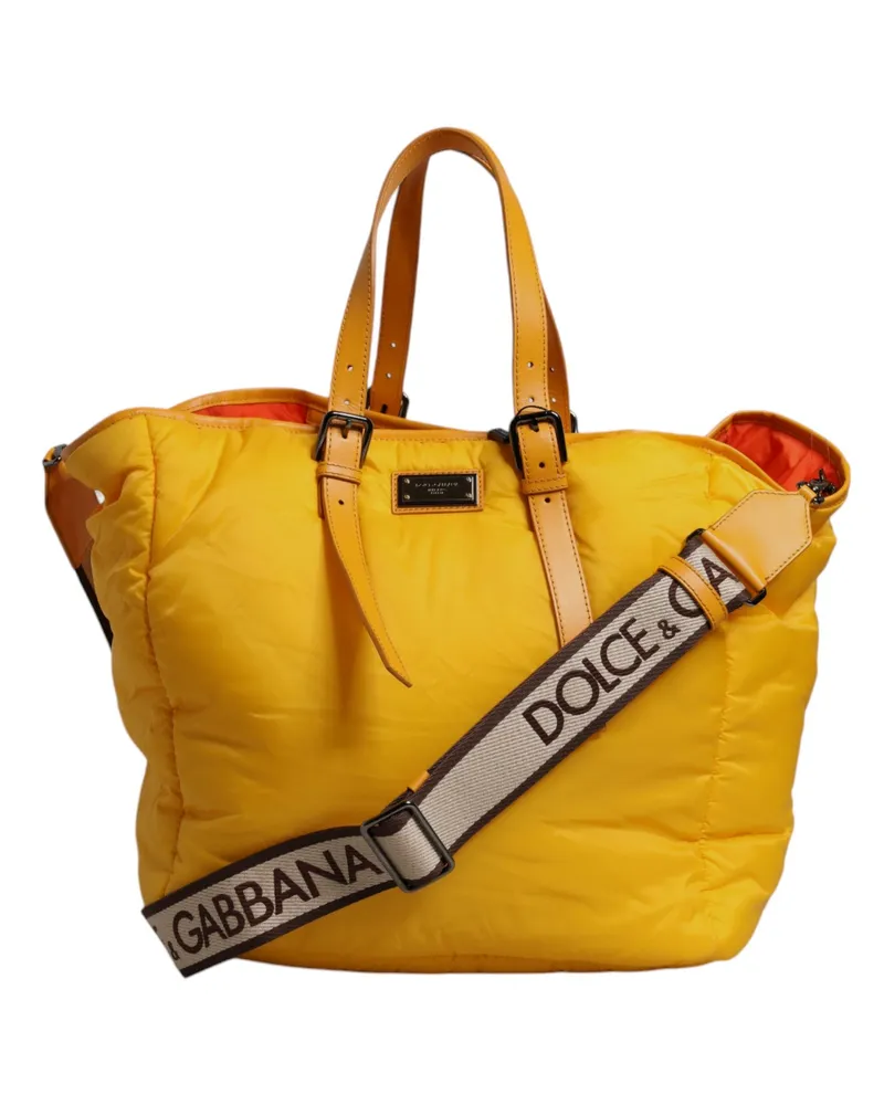 Dolce & Gabbana Men's Yellow Orange Nylon Logo Plaque Hand Shoulder Duffle Bag Pu Leather Calf Yellow