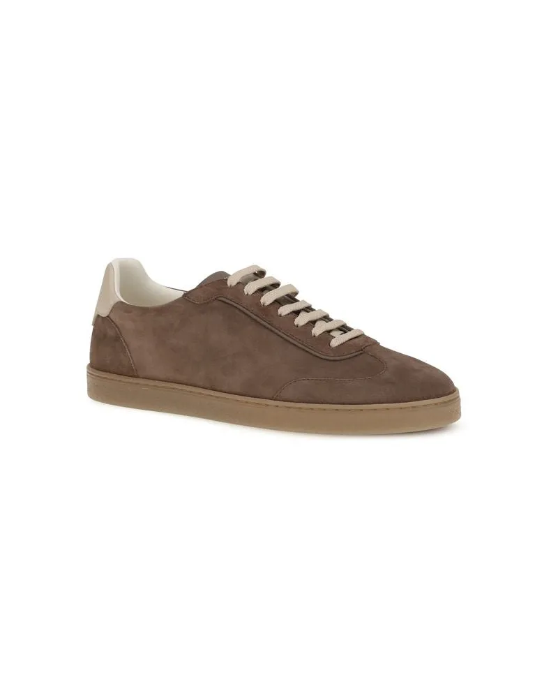 Brunello Cucinelli Men's Beige Calf Leather Bos Taurus Low Top Sneakers Beige