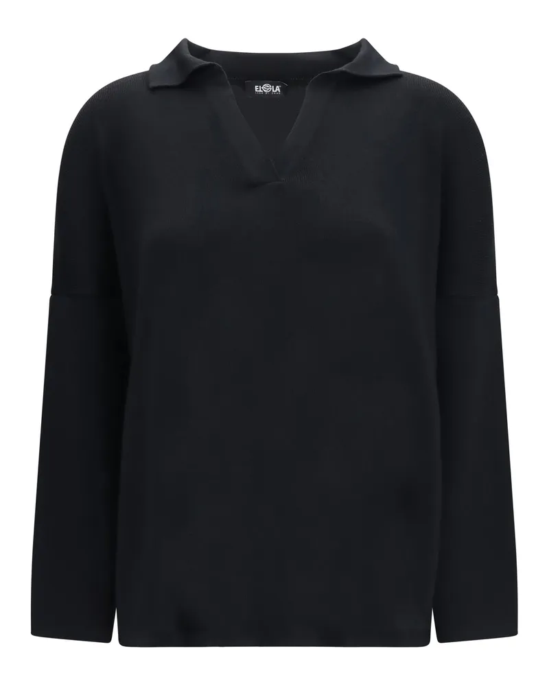 Ella Women's Polo Collar Wool Sweater Black Merino Tops Black